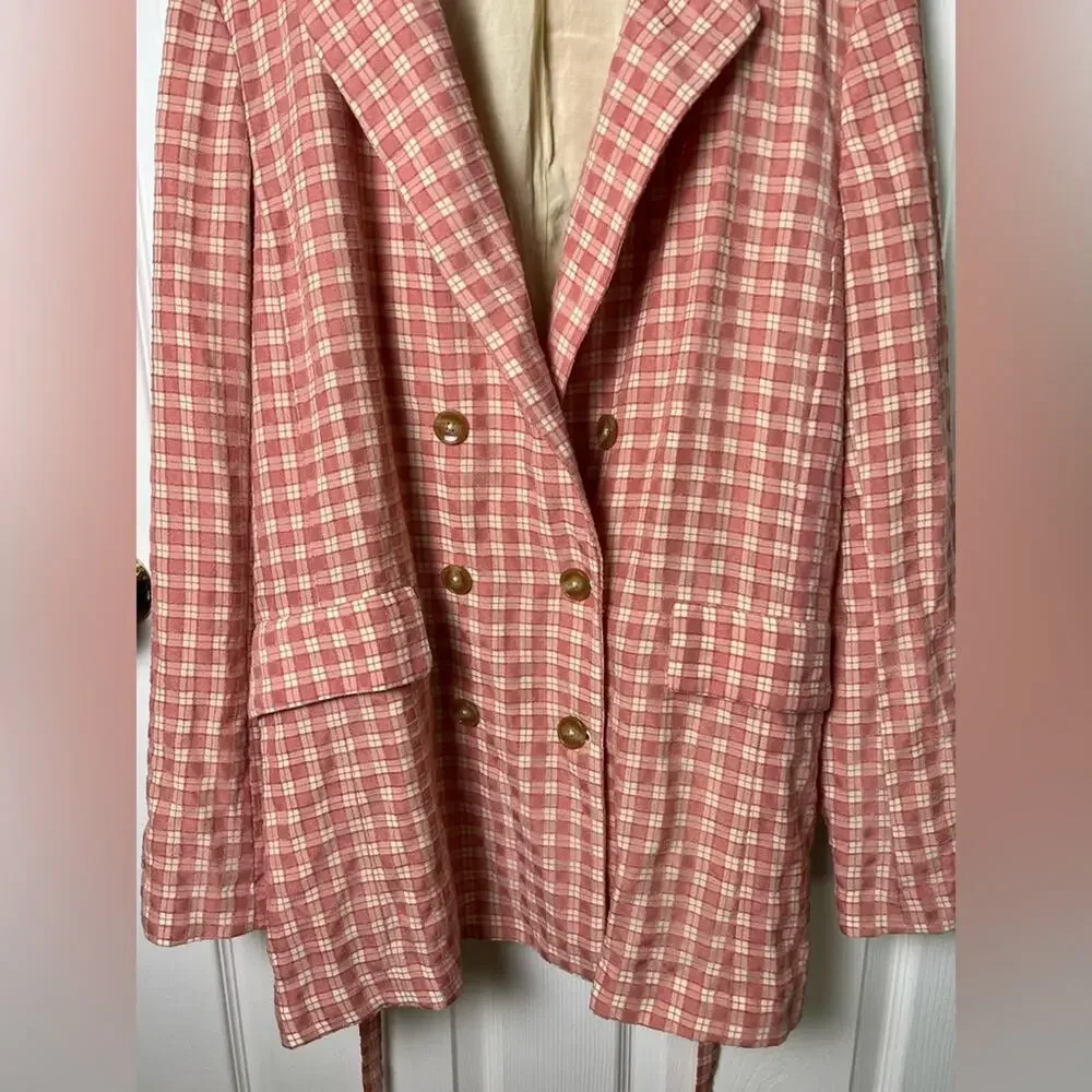 Free People Pink Cream Long Sleeve Button Waist Tie Olivia Gingham Blazer M